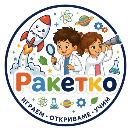 Логото на Ракетко — ракета, изстрелваща се сред звездите, и две деца откриватели с лупа и телескоп